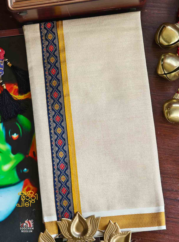 Tissue Golden Kasavu Colour Full Embroidery Designer Premium Single Dhoti[SINGLE00081]