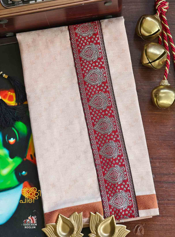 Tissue Copper Jacquard Kasavu Colour Full Embroidery Designer Premium Single Dhoti[SINGLE00087]