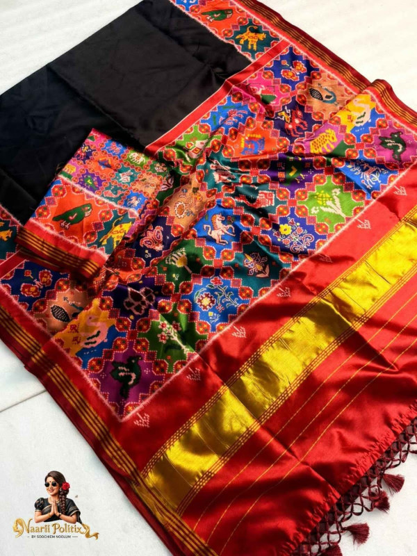 HANDLOOM SILK PATOLA WITH TRENDING DESIGNS & LAGADI PATTA & WEAVED ZARI BORDER & TASSELS - BLACK