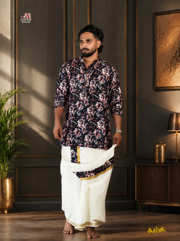 BLACK PREMIUM DESIGNER VELVET KURTA + OFF-WHITE PREMIUM DOUBLE DHOTI COMBO [CLEARANCE SALE]