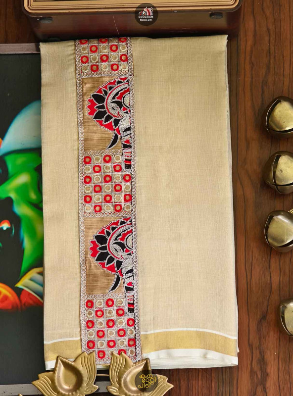 Golden Kasavu Elephant Embroidery Designer Premium Double Dhoti[DOUBLE00027]