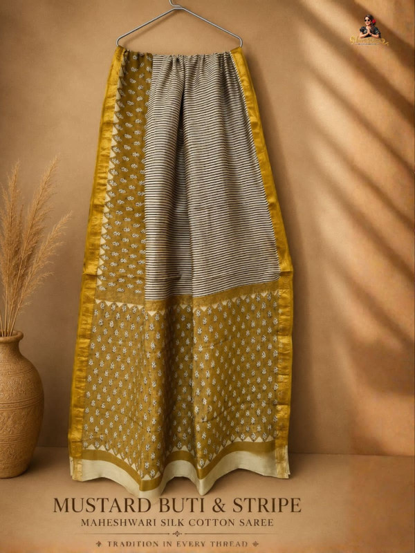 MUSTARD BUTI & STRIPE MAHESHWARI SILK COTTON SAREE