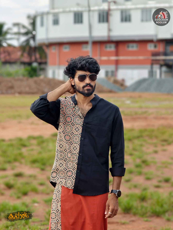 Black Premium Designer Patch Half Shirt+ Single Cotton Dhotie Combo[COMBO00037]