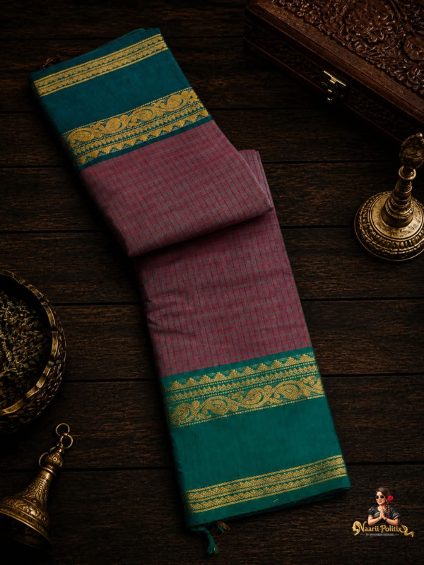 Ganga Jamuna Border Kanchi cotton saree- pinkish-maroon with teal green and peacock green [SAREE0000259]