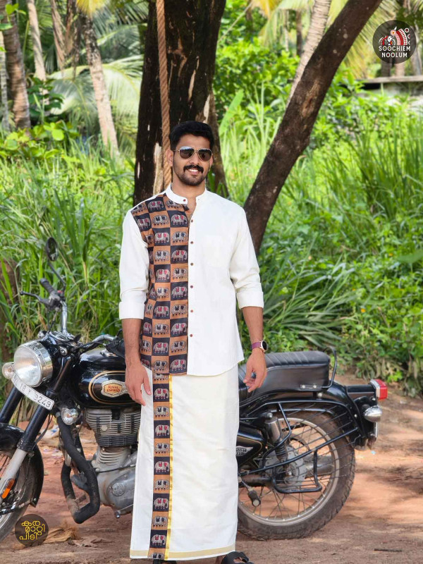 Off White Designer Elephant Half Patch Shirt+ Double kasavu Dhotie Combo[COMBO00077]
