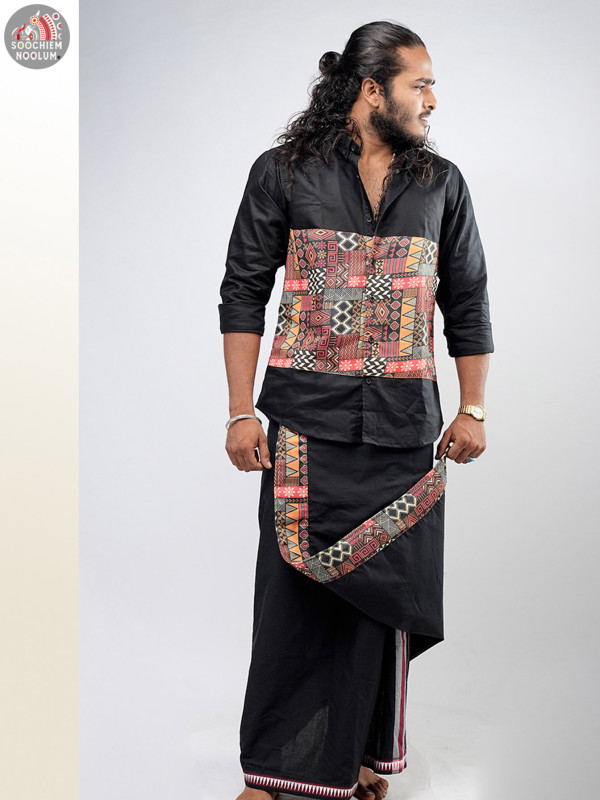 Black Premium Designer Center Patch Shirt + Single Dhothi Combo[COMBO000194]