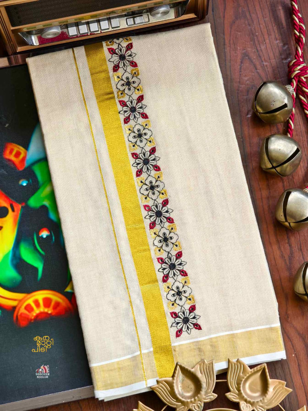 Golden Kasavu Embroidery Designer Premium Double Tissue Dhoti[DOUBLE000115]
