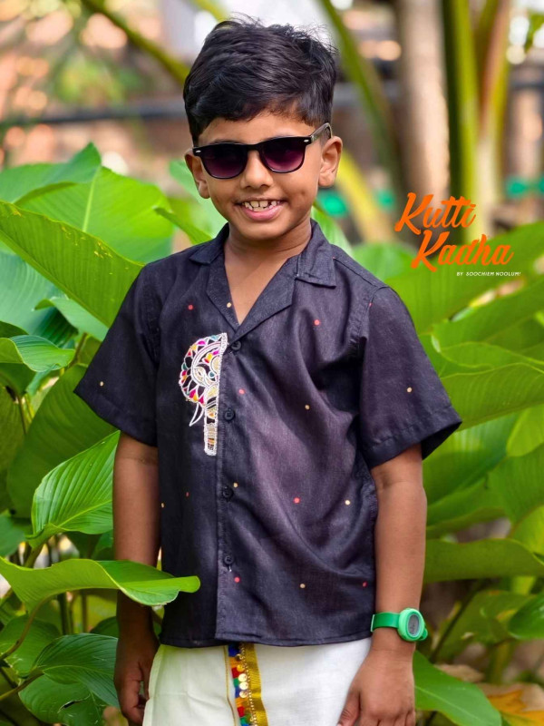 Elephant Embroidery Half patch Black shirt For Kids [KSHIRT00032]