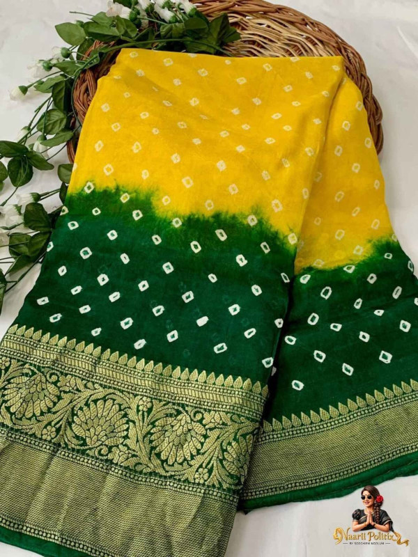 SEMI KANJIVARAM BANDHANI SAREE - YELLOW WITH BOTTLE GREEN