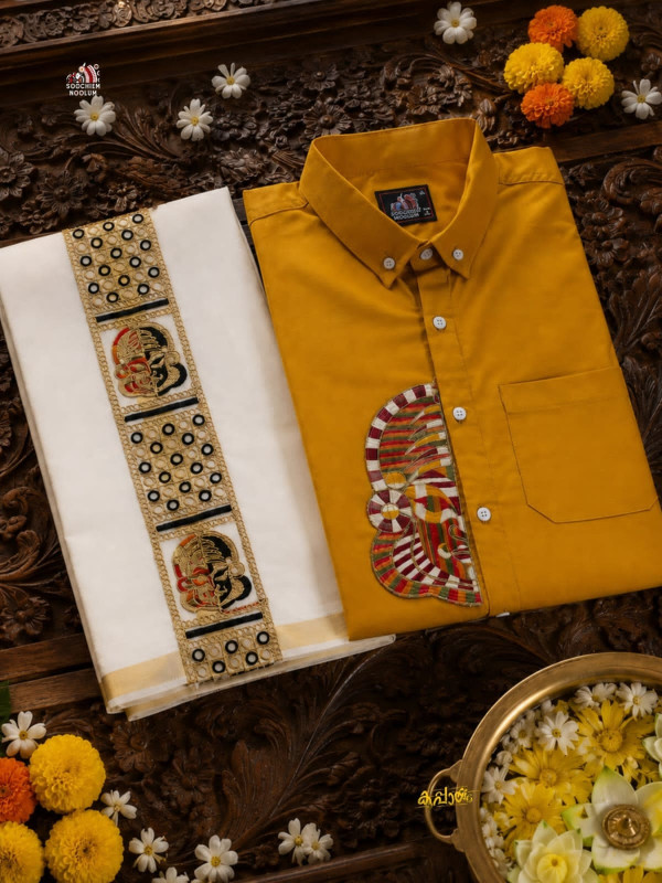 MARIGOLD KATHAKALI EMBROIDERY HALF PATCH SHIRT -  DOUBLE GOLDEN TISSUE KASAVU DHOTI COMBO