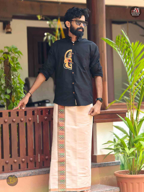 Black Kathakali Embroidery Half Patch Designer Shirt-Single Copper kasavu Dhotie Combo[COMBO000118]