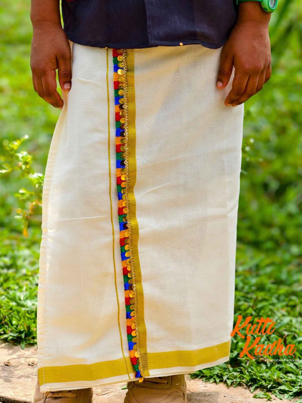 Golden Kasavu Multicolour Embroidery Designer Double Dhoti For Kids[KDHOTI00012]