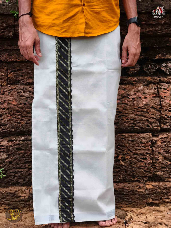 Tissue Silver Kasavu Colour Full Embroidery Designer Premium Single Dhoti[SINGLE000103]