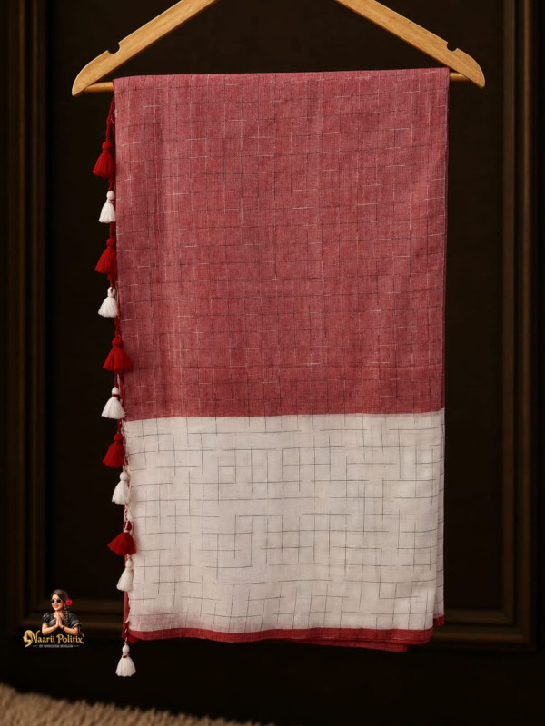 MUL COTTON SAREE  -  RUST RED WITH OFF WHITE WEAVE BORDER