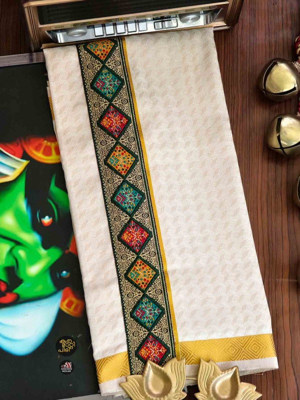 Tissue Golden Jacquard Kasavu Colour Full Embroidery Designer Premium Single Dhoti[SINGLE000118]