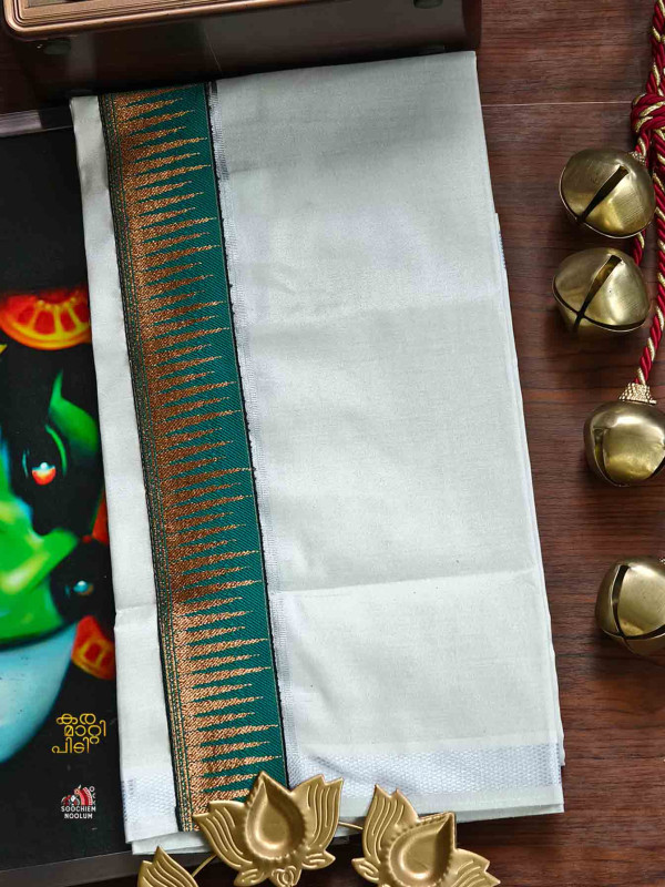 Tissue Silver Kasavu Colour Full Embroidery Designer Premium Single Dhoti[SINGLE000105]