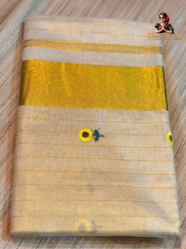 Embroidered Small Flower With Body Stripes Tissue Saree Striped Cotton Karala Kasavu Saree [SAREE000093]