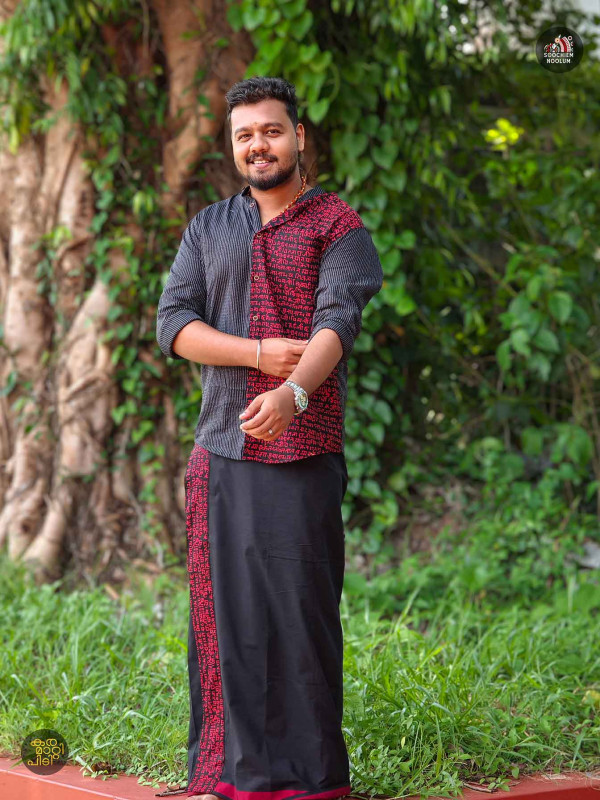 Black Designer Half Patch Shirt+ Single Cotton Dhotie Combo[COMBO00060]