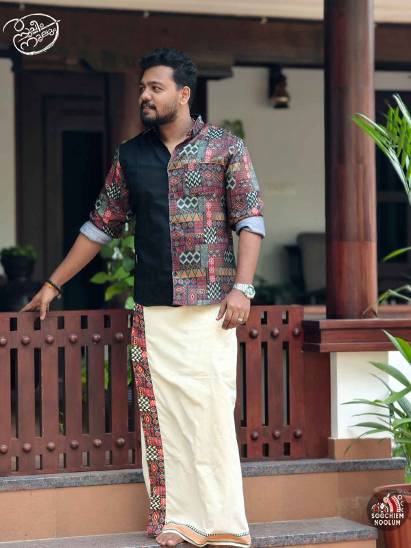 Black Premium Designer Half Patch Shirt + Single Dhothi Combo[COMBO000176]