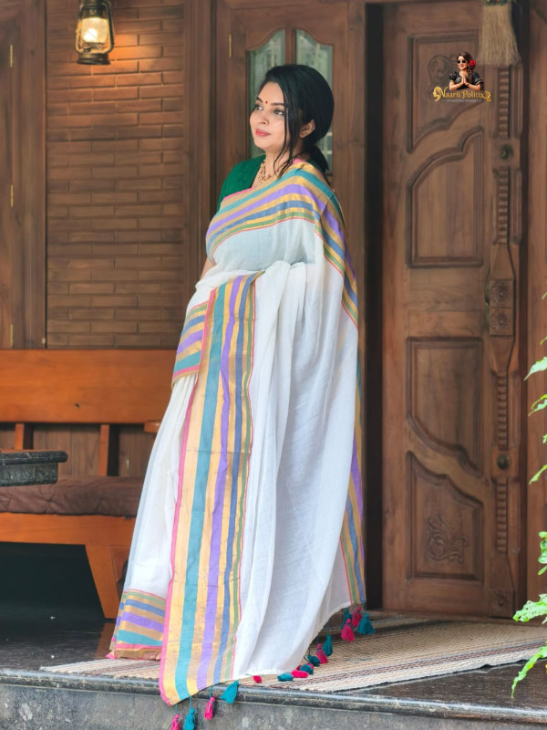 MUL COTTON SAREE  - OFF WHITE WITH MULTICOLOR STRIPED BORDER