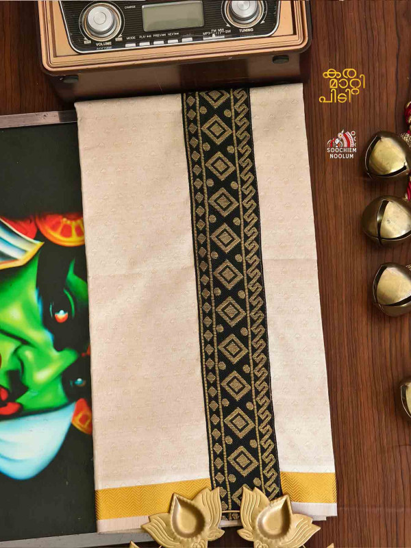 Tissue Golden Jacquard Kasavu Colour Full Embroidery Designer Premium Single Dhoti[SINGLE000133]