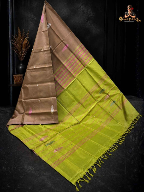 Vegan Silk Saree - Bronze-Toned with parrot green[SAREE0000247]