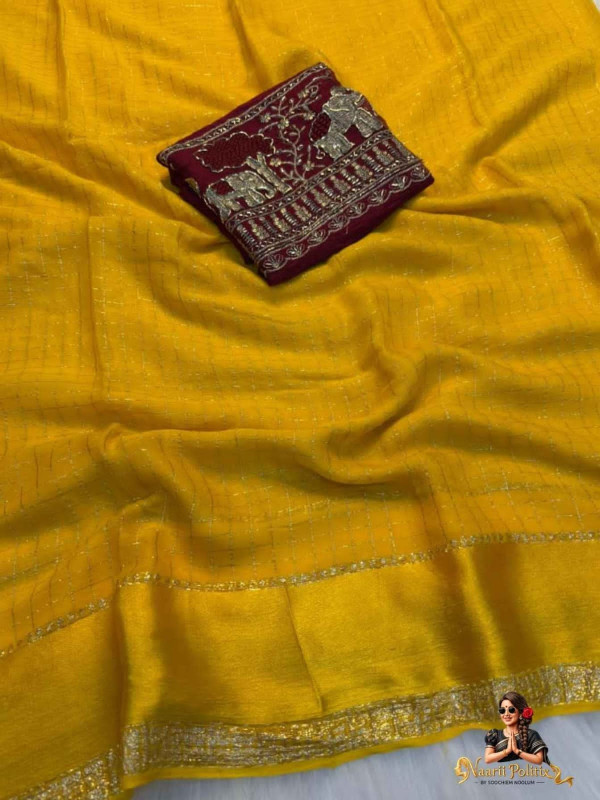 PURE VISCOSE GEORGETTE SAREE WITH WEAVING CHEX AND SATIN BORDER - YELLOW