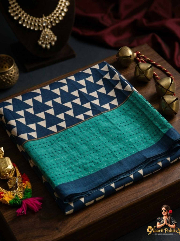 Fancy cotton Saree Work With Kantha Work - Blue [SAREE000099]