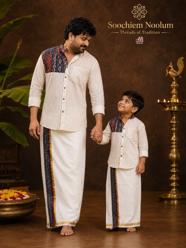 DAD & SON -  DESIGNER PREMIUM SHIRT + GOLDEN KASAVU COTTON DOUBLE DHOTI COMBO