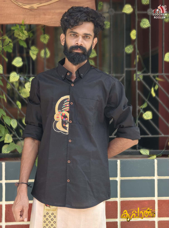 Black kadhakali Embroidery Half Patch Designer Shirt+ Single Silver Kasavu Dhoti Combo[COMBO000153]