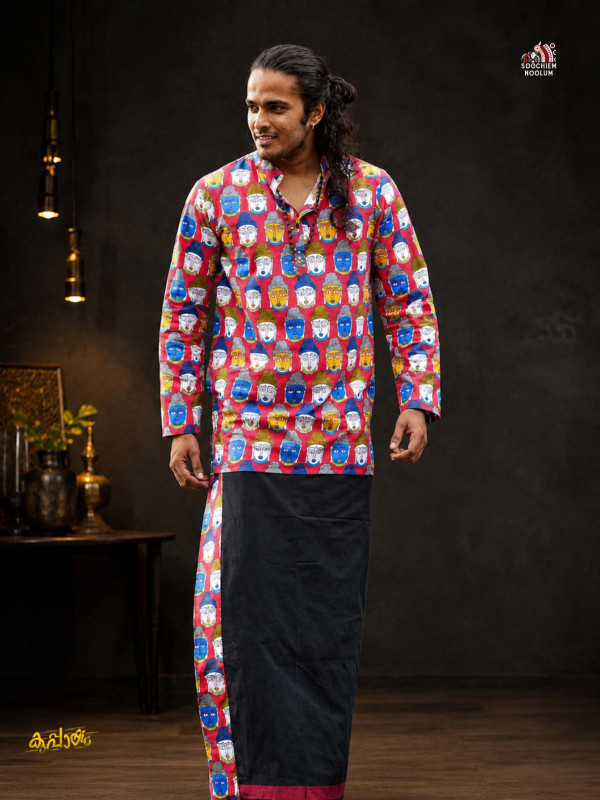 RED BUDDHA PREMIUM DESIGNER KURTA + BLACK PREMIUM COTTON DHOTI COMBO [CLEARANCE SALE]