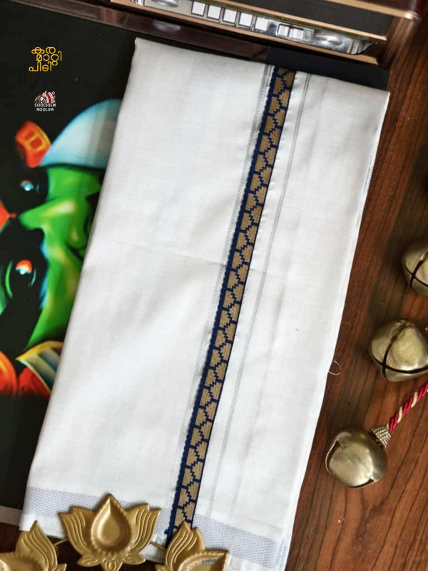 Tissue Silver Kasavu Colour Full Embroidery Designer Premium Single Dhoti[SINGLE000153]