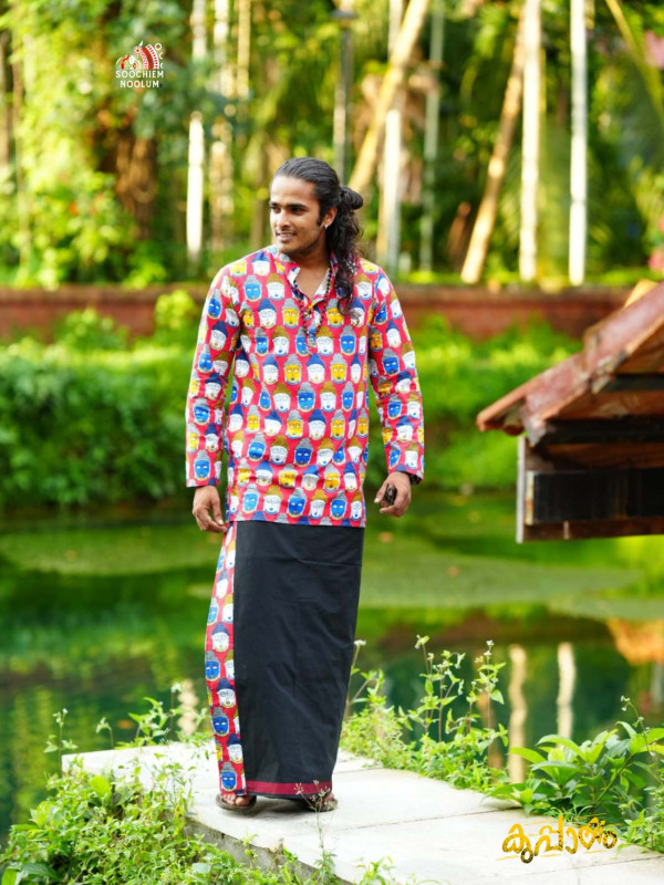 Red Buddha Premium Designer Kurta + Black Premium Cotton Dhoti Combo [Clearance Sale][KURTACOMBO0008]