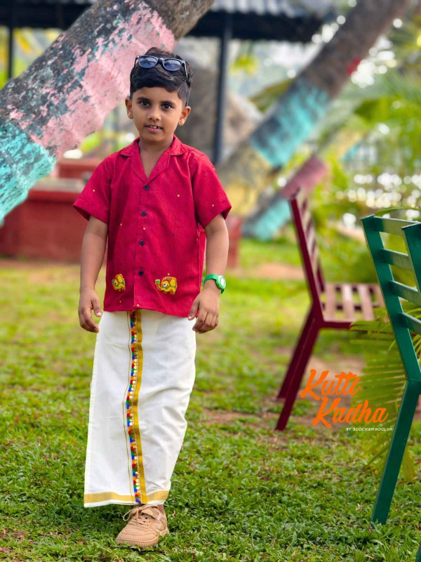 Red Shirt +Dhoti Combo With Beaded Elephant Patch For Kids[KCOMBO00020]