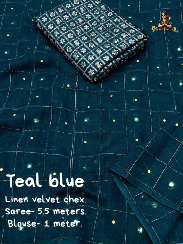 SOFT LINEN SAREE WITH WEAVING CHEX OF VELVET THREAD - TEAL BLUE