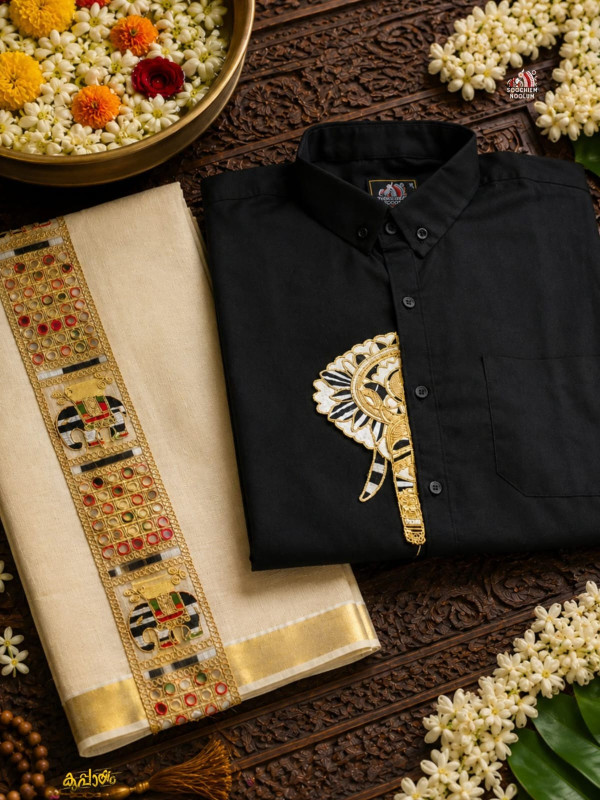 BLACK ELEPHANT EMBROIDERY HALF PATCH SHIRT -  DOUBLE GOLDEN TISSUE KASAVU DHOTI COMBO
