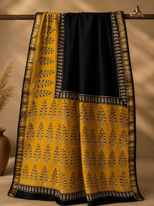 BAGRU HANDBLOCK PURE MAHESHWARI SILK COTTON SAREE - BLACK & YELLOW