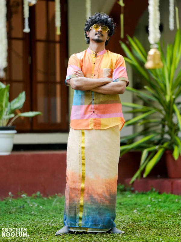 COLOUR KALAM-DESIGNER PREMIUM SHIRT -  DOUBLE GOLDEN TISSUE KASAVU DHOTI COMBO
