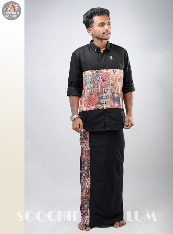 Black Premium Designer Center Patch Shirt + Single Dhothi Combo[COMBO000198]