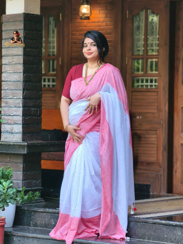 MUL COTTON SAREE  - WHITE WITH SOFT PINK BORDER