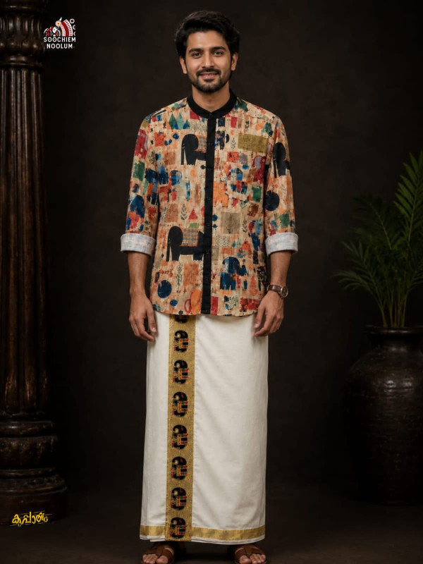 PREMIUM DESIGNER SHIRT -  DOUBLE GOLDEN COTTON KASAVU DHOTI COMBO