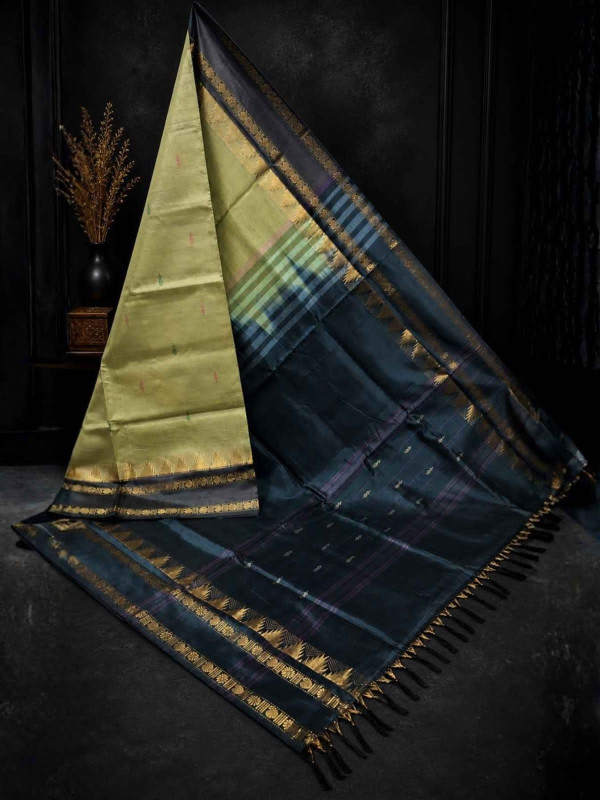 Vegan Silk Saree -Olive Green with peacock blue[SAREE0000249]