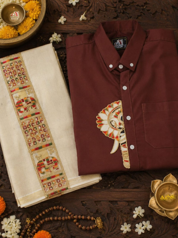 BROWN ELEPHANT EMBROIDERY HALF PATCH SHIRT -  DOUBLE GOLDEN TISSUE KASAVU DHOTI COMBO