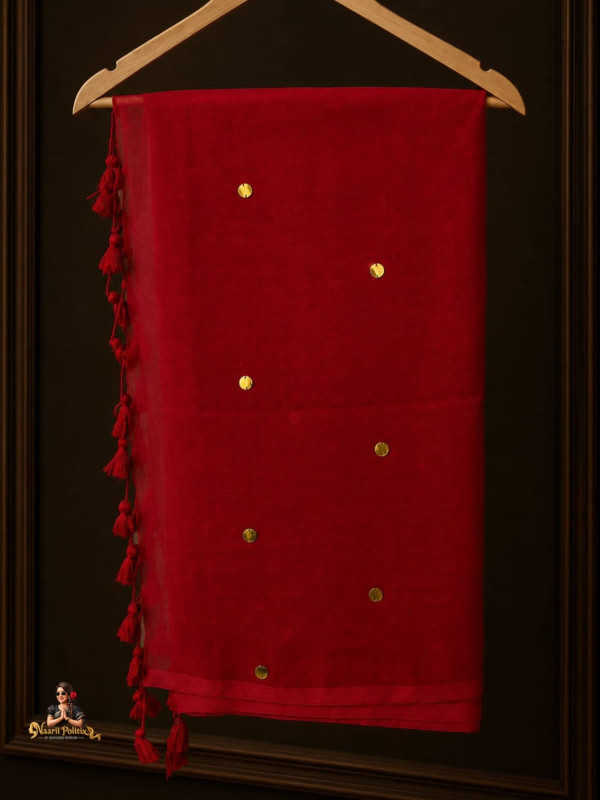 MUL COTTON SAREE  - RUBY RED WITH GOLD MOTIFS