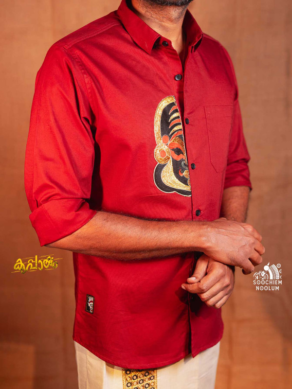 RedMaroon Kathakali Embroidery Designer Half Patch Shirt[SHIRT000113]