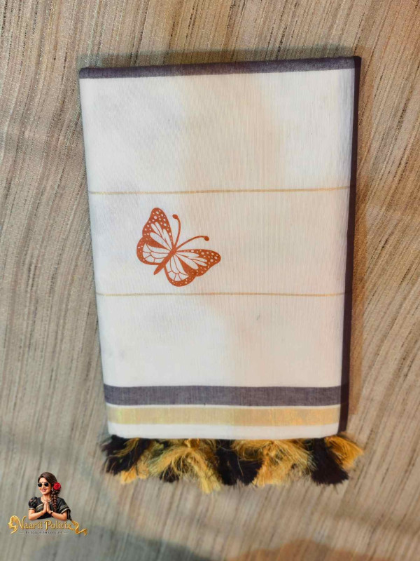 Big Checked Cotton Kasavu Saree With Shalabham Thumbi and Flower and Hand Blocks [SAREE0000106]