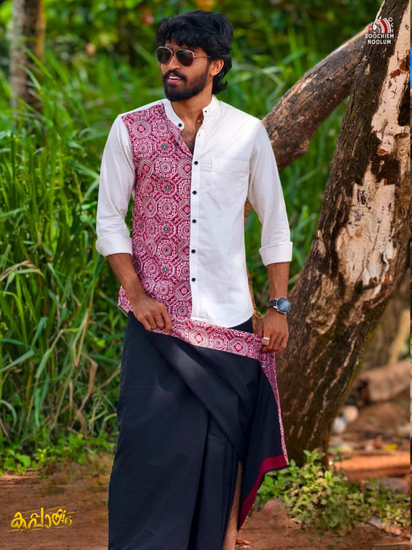 Off White Premium Designer Half Patch Shirt+ Single Cotton Dhotie Combo[COMBO00034]