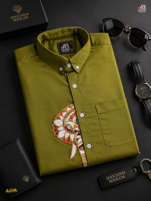 ARMY GREEN ELEPHANT EMBROIDERY HALF PATCH SHIRT