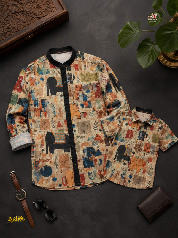 DAD & SON -  DESIGNER PREMIUM SHIRT + GOLDEN KASAVU COTTON DOUBLE DHOTI COMBO