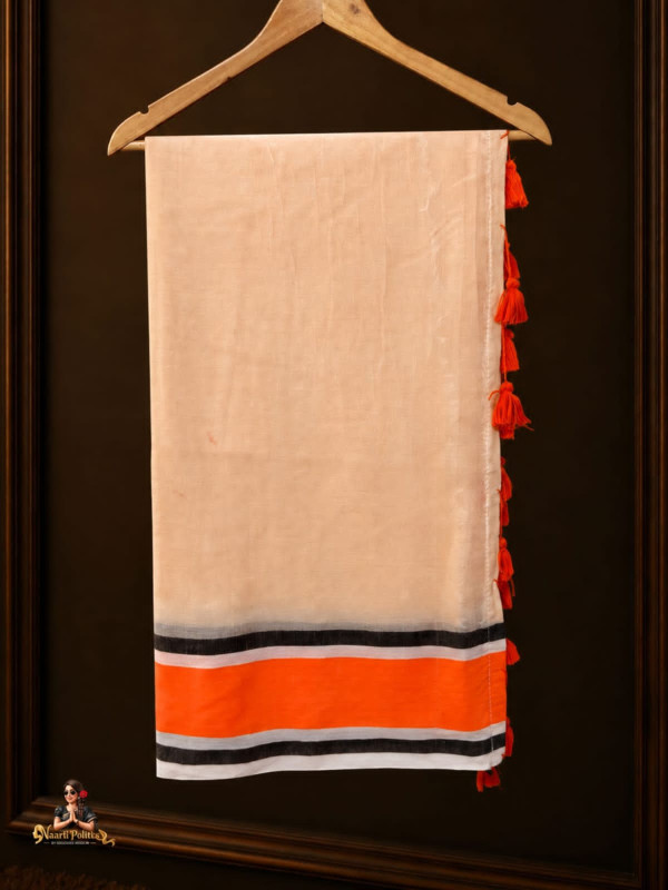 MUL COTTON SAREE  -  PEACH BEIGE WITH ORANGE, BLACK & WHITE BORDER